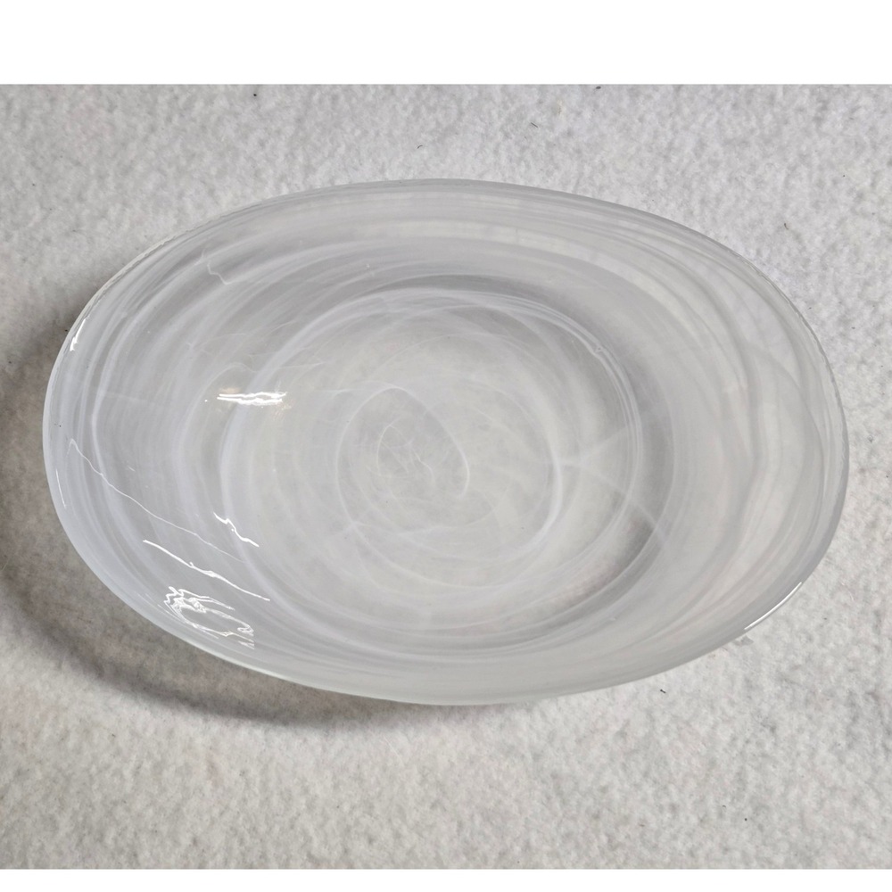 White Alabaster Swirl Art Glass Oval Serving Bowl Centerpiece 8.5 Inch